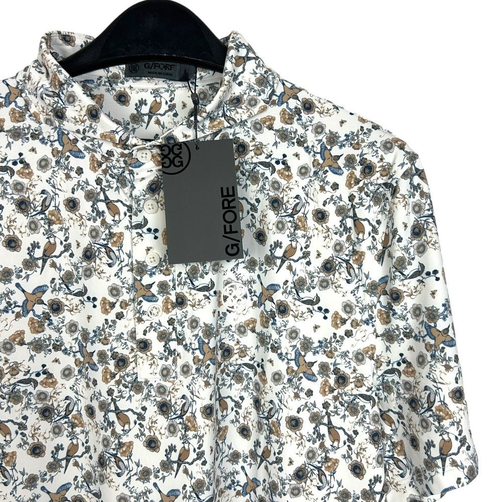 NEW G/FORE Mens M Botanic Garden Tech Jersey Golf Polo $120 Floral Birds Oak